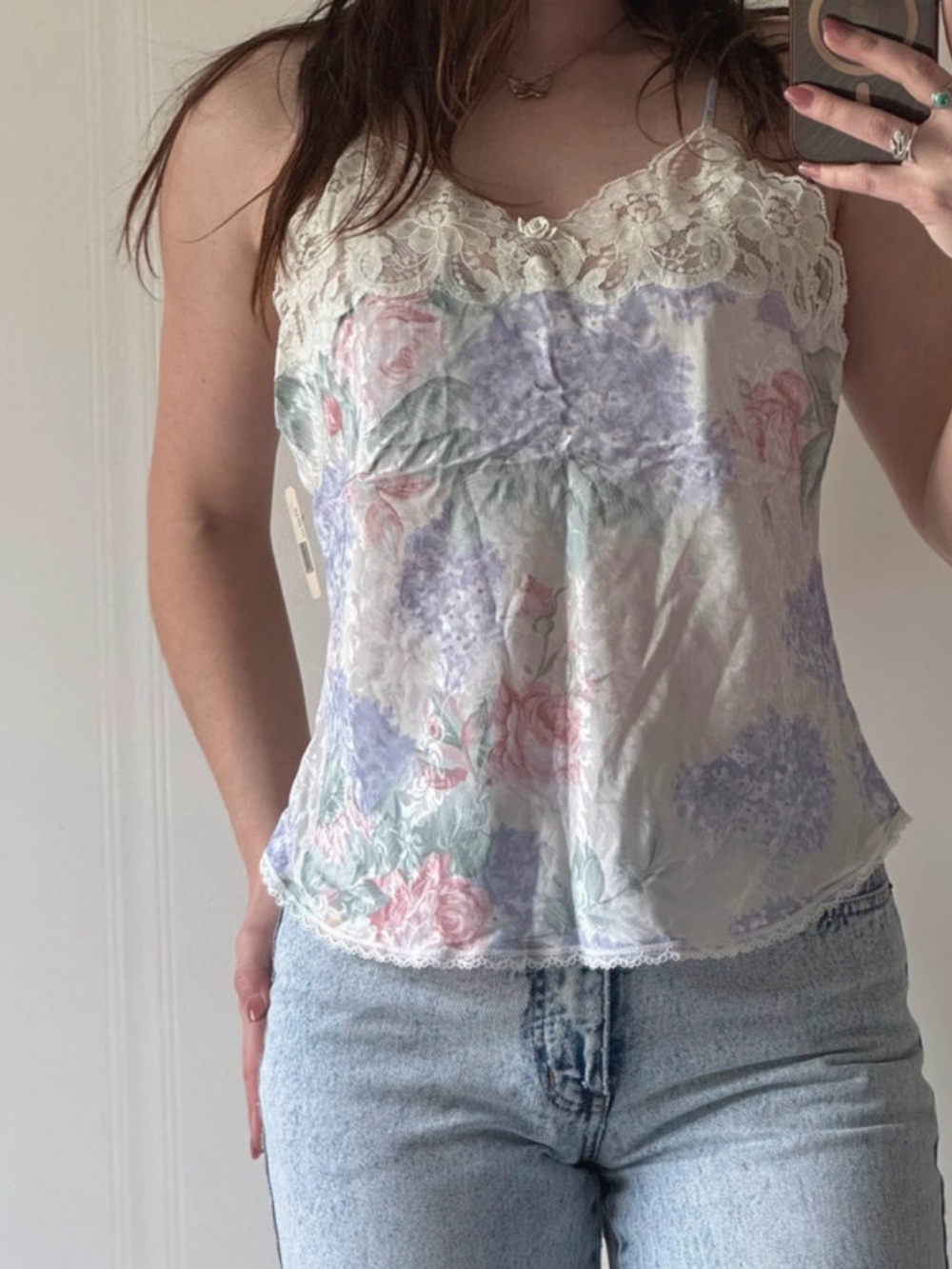 Vintage Lace Trim Floral Satin Camisole in Cream and Pastel Floral Slip Top - Picture 2 of 10